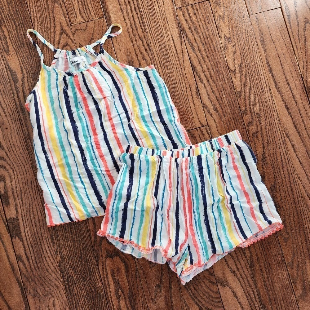 Epic Threads Short Set Kids Large Multicolor Striped Summer Boho Pom-Pom Trim